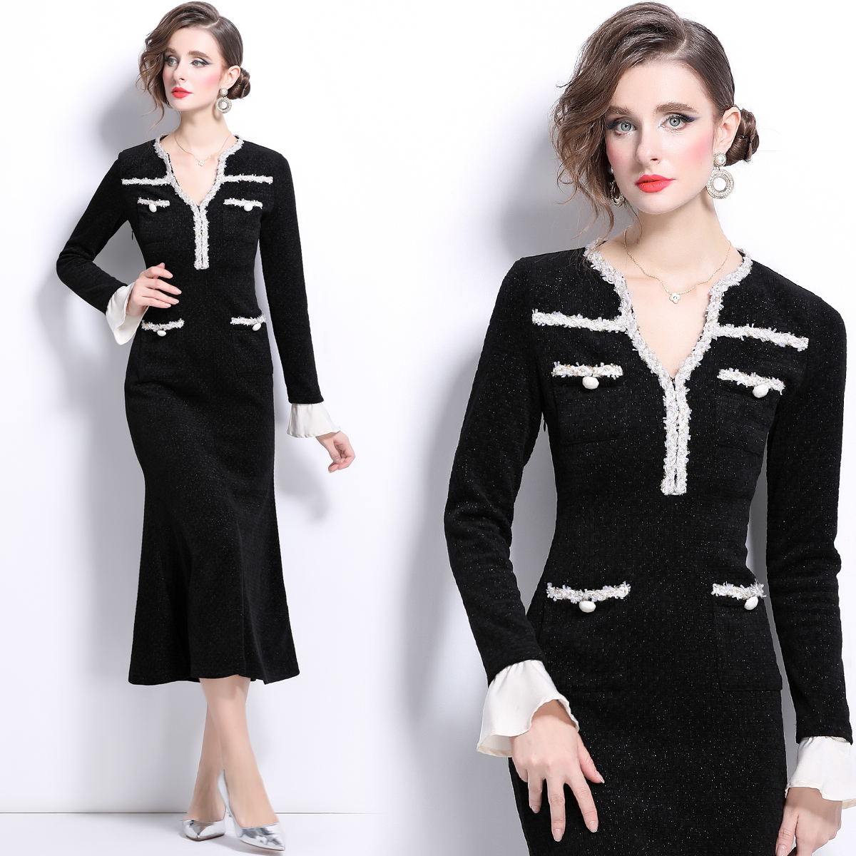 MY15313# 重磅银丝贝贝格圈圈肌理小香风连衣裙新款茶歇风鱼尾裙子女裝...