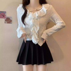 批发荷叶边别致正肩长袖<b class='q'>衬衫</b>女秋装新款喇叭袖甜美<b class='q'>学院风</b>打底衫潮