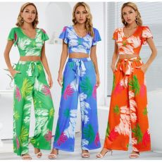 批发2025<b class='q'>夏季</b>新款女装阔腿长裤<b class='q'>套装</b>跨境外贸显瘦休闲气质裙裤两件<b class='q'>套装</b>