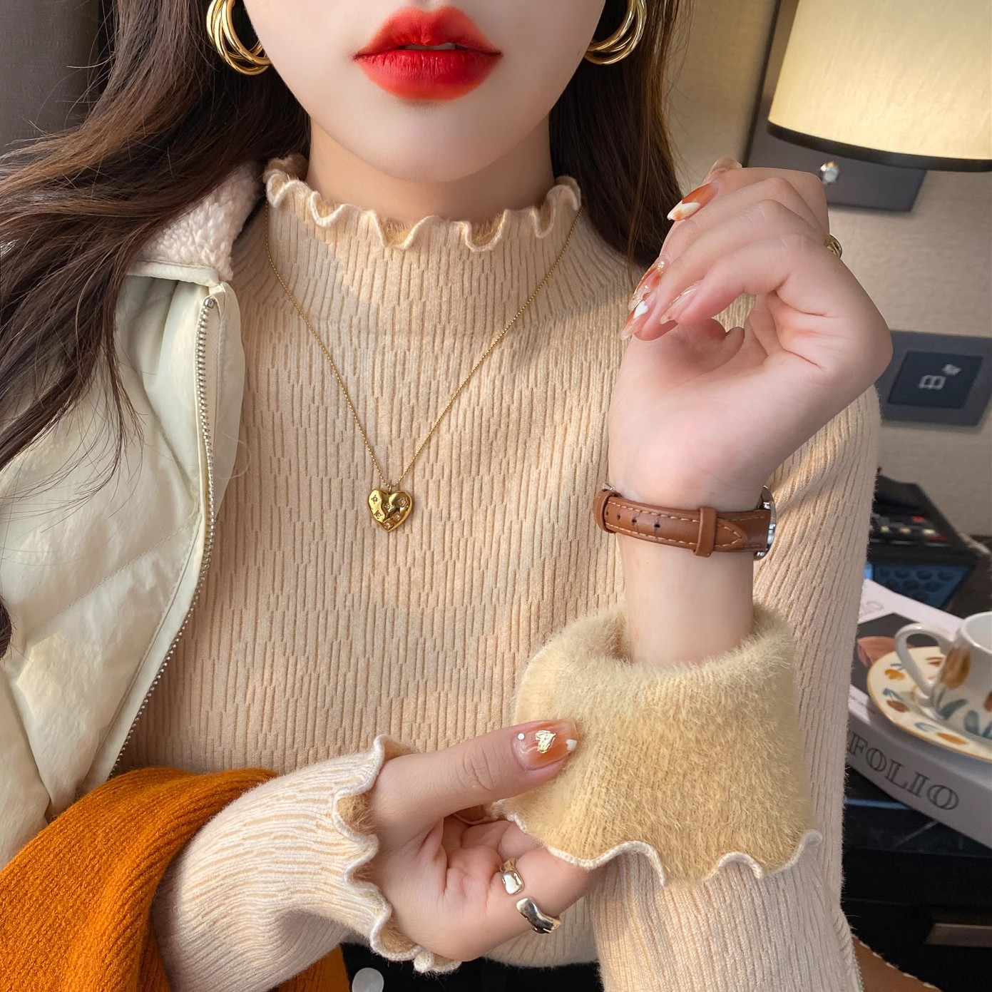 흔들어서 톤 주간 고양이 품질 두꺼운 프릴 인사이드 가져 가라. 반하이넥 풀오버 외국 가스 니트 기본 셔츠 보온 맨위