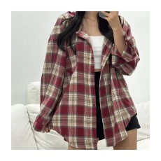 批发韩版春季磨毛格子连帽衬衫宽松懒惰风休闲大码长袖<b class='q'>防晒</b>衬衣外套女