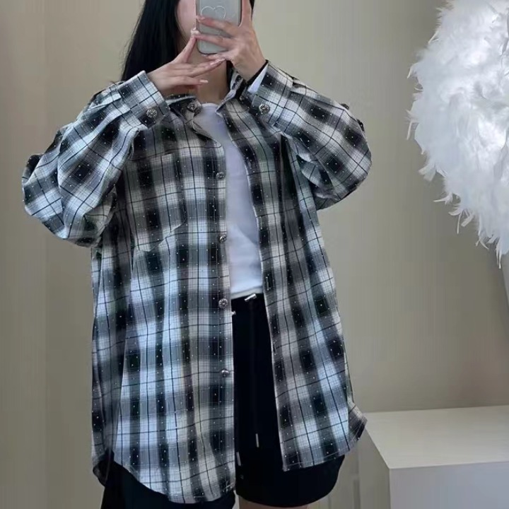 한국 스타일 봄 oversize 긴팔 레트로 체크무늬 핫픽스 셔츠 게으른 바람 캐주얼 루즈핏 여성 코트 셔츠