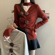 批发实拍~ 大码胖MM秋冬新款小香风皱褶V领下摆开衩长袖套头毛衣女