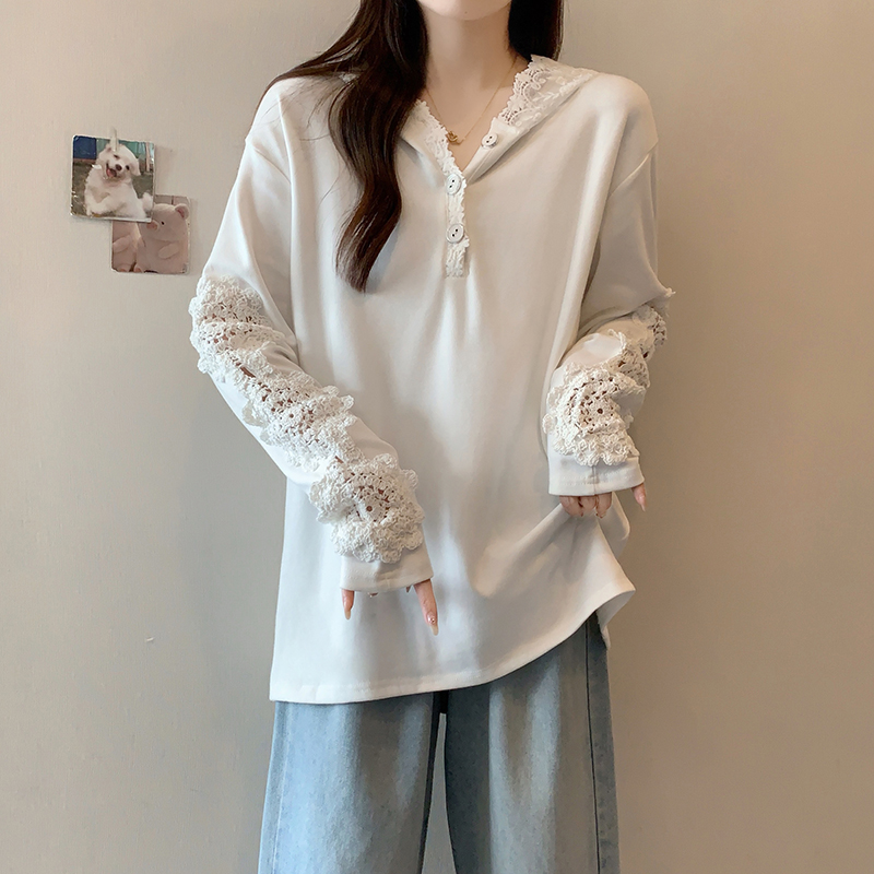PF28950#新款大码蕾丝重工刺绣连帽镂空长袖花边打底外穿上衣女裝貨源服裝批發