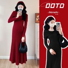 实拍 孕妇秋冬优雅气质别致纯欲性感显瘦减龄针织连衣裙