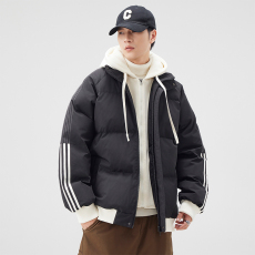 批发实拍潮牌三条杠假两件棉服男冬季新款加厚羽绒棉衣外套防寒棉袄