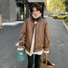 批发羊羔毛外套女冬季加厚机车服皮衣复古皮毛一体美拉德韩系派克棉服