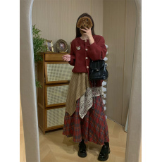 批发学院风减龄长袖毛衣+<b class='q'>不规则</b>拼接格子<b class='q'>半身裙</b>套装