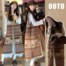 批发秋冬装日系复古宽松文艺民族<b class='q'>图案</b>提花撞色设计针织无袖<b class='q'>背心</b>连衣裙