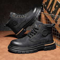 批发秋<b class='q'>冬</b>季新款高帮男士皮面马丁靴厚底增高系带冷粘运动英伦风男靴