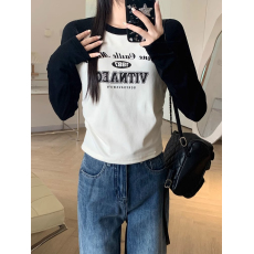 批发外贸小众长袖<b class='q'>T</b><b class='q'>恤</b>女春秋新款韩版印花撞色上衣学生修身百搭打底衫