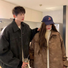 批发足码有内里好质量 美式复古棕色翻领外套男女春秋款皮衣情侣