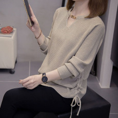 批发2026年春秋新款镂空V领长袖抽绳针织衫上衣大码女装胖mm内搭毛衣