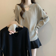 批发设计感链条半开领长袖坑条针织衫上衣大码女装微胖mm宽松内搭毛衣