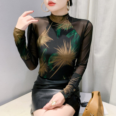 批发秋冬新款半高领长袖<b class='q'>镂空</b>网纱拼接烫金t恤女修身打底<b class='q'>衫</b>潮