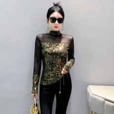 批发秋新款半高领长袖<b class='q'>镂空</b>网纱拼接烫金t恤女修身打底<b class='q'>衫</b>潮