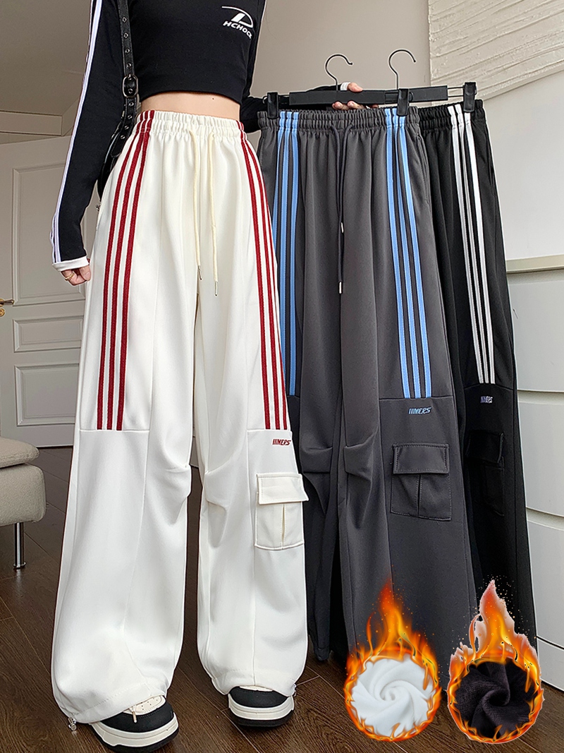MY14605# 增色 常规/加绒  高街杠条工装裤女休闲运动卫裤宽松阔腿...