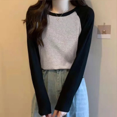 批发韩国外贸撞色长袖<b class='q'>T</b><b class='q'>恤</b>女春新款韩版小众上衣辣妹修身内搭打底衫