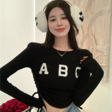 批发韩国外贸长袖<b class='q'>T</b><b class='q'>恤</b>女春新款韩版抽绳印花上衣辣妹修身百搭打底衫