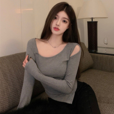 批发外贸不规则长袖<b class='q'>T</b><b class='q'>恤</b>女春新款美式复古设计感小众上衣学生打底衫潮