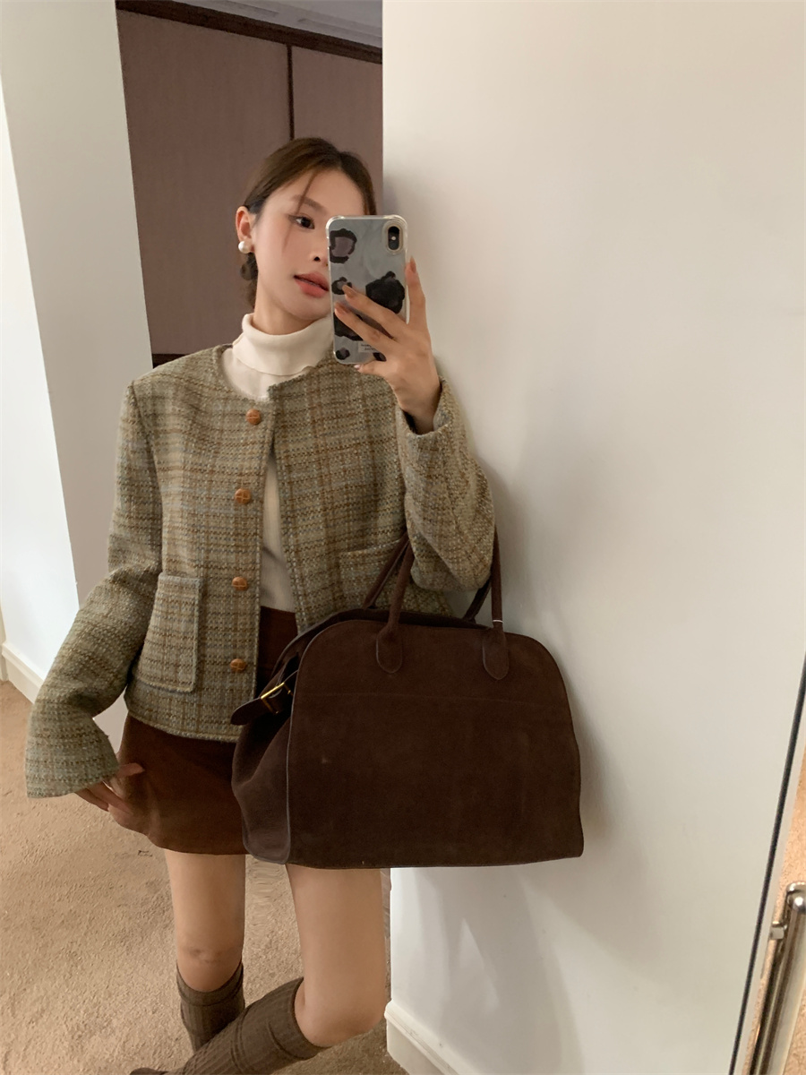 실사 레트로 체크무늬 작은 샤넬 스타일 모직 외투 솜을 넣은 다용도 슬림해 보이는 고급 센스 모직 맨위 여성