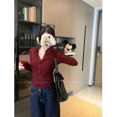 批发实拍实价~<b class='q'>秋</b>冬新款纯欲辣妹单排扣V领修身显瘦内搭长袖T恤