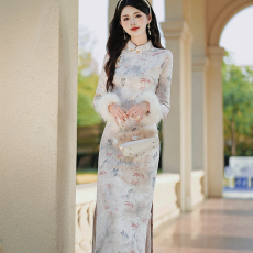 批发6953#实拍 秋冬款复古旗袍复合一体绒温婉<b class='q'>连衣</b>裙 上架+40
