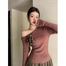 批发实拍特价 不减价辣妹豹纹蝴蝶结系带长袖针织T恤短款斜领露肩<b class='q'>上衣</b>