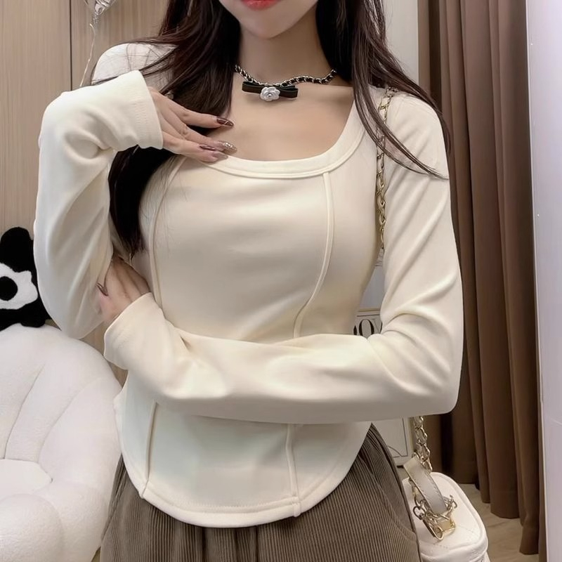원본 대외 무역 De 플러시 긴팔 티셔츠 여성 가을 보온 연삭 털 인사이드 가져 가라. 쇼트 스타일 기본 셔츠 몸매 가꾸기