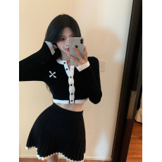 批发辣妹针织套装女秋季新款撞色短款开衫上衣+高腰百褶<b class='q'>半身裙</b>两件套