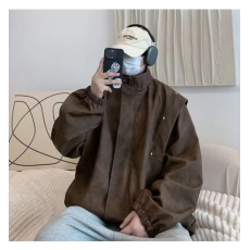 批发高品质足码有内衬 廓形铆钉翻领美式复古做旧机车外套男夹克皮衣