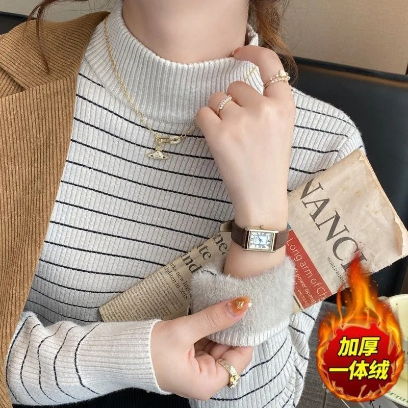 흔들어서 톤 주간 고양이 품질 하나 플러시 스웨터 여자 털이 있고 두꺼운 새로운 스트라이프 반하이넥 보온 다용도 기본 셔츠