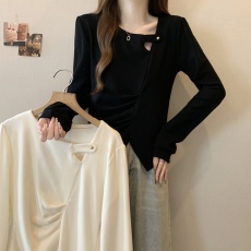 批发大码<b class='q'>秋</b>冬韩版胖MM设计感金属扣镂空褶皱下摆开叉遮肚显瘦长袖T恤