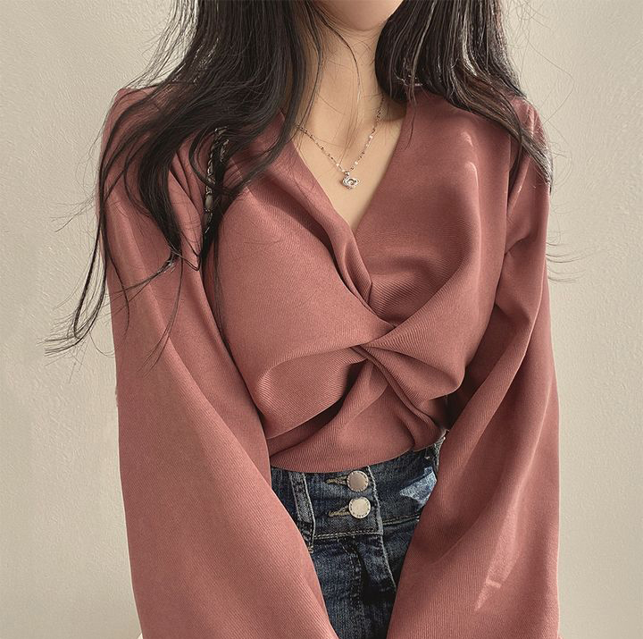 한국 chic 가을 프랑스식 품격 주름 V넥 비틀림 디자인 루즈핏 캐주얼 단색 긴팔 셔츠 맨위