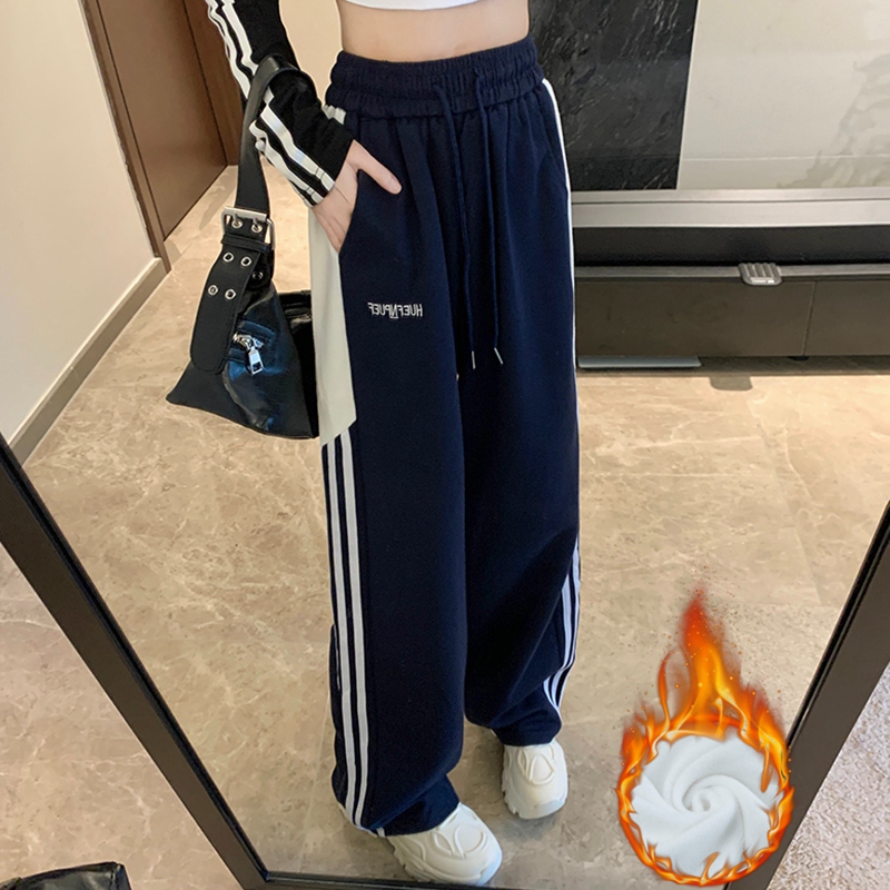 MY14604# 常规/加绒  美式休闲裤女秋季侧边三条杠条纹阔腿长裤女裝...