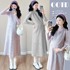 批发实拍新品~孕妇秋装名媛气质裙+打底衫背带裙套装孕妇两件套