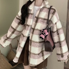 批发韩版冬季卷卷毛呢格子衬衫懒惰oversize廓形宽松百搭衬衣外套女