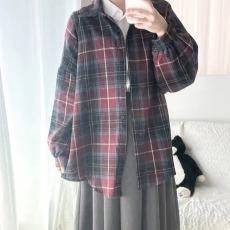 批发<b class='q'>韩版</b>春秋新款磨毛格子衬衫懒惰原宿风长袖休闲百搭衬衣外套女