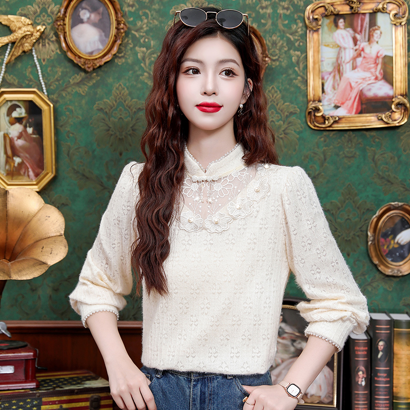 실사 2026 년 가을 새로운 새로운 국풍 레트로 개선 치파오 맨위 깃털 실 레이스 셔츠 맨위