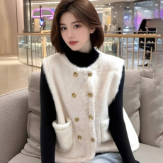 批发AI图 小香风<b class='q'>双排扣</b>马甲外套女秋冬毛绒开衫加厚保暖无袖上衣