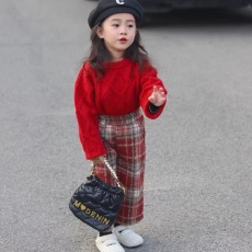 批发韩版2025冬季新款<b class='q'>女</b><b class='q'>童</b>洋气新年拜年服红色套头毛衣加厚格子直筒裤