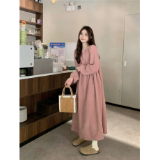 批发有货 chic粉色灯芯绒连衣<b class='q'>裙</b>女秋季新款洋气收腰<b class='q'>灯笼</b>袖淑女A字<b class='q'>裙</b>子