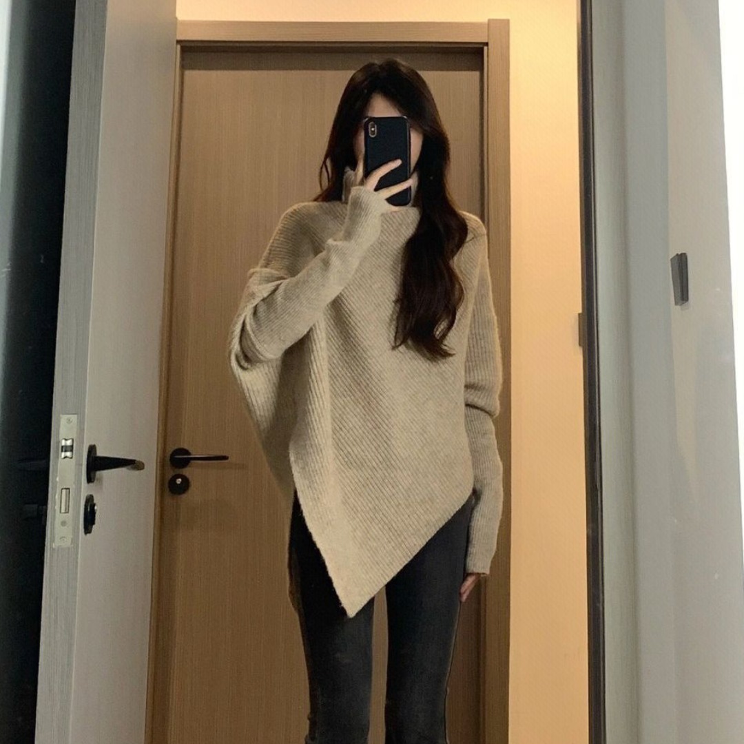 흔들어서 톤 주간 고양이 품질 프랑스식 분위기 센스 불규칙 터틀넥 스웨터 부드러운 작은 대중 디자인 니트 스웨터 맨위
