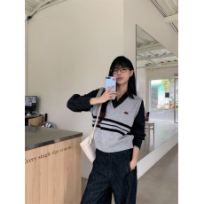 批发实拍实价 设计感条纹针织<b class='q'>马甲</b>拼接假两件衬衫复古polo领长袖上衣