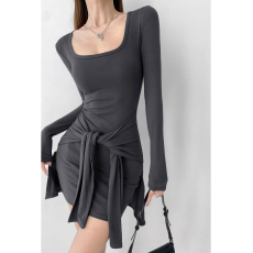 批发韩女氛围感/绑带假两件遮肉收腰连衣裙性感运动风U领<b class='q'>长袖</b>包臀短裙