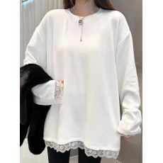批发白色磨毛加绒<b class='q'>长袖</b>蕾丝拼接<b class='q'>T</b><b class='q'>恤</b>女2024秋冬新款宽松内搭打底衫上衣