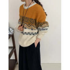 批发2025秋冬慵懒风费尔岛软糯马海毛黄色圆领套头毛衣宽松加厚针织衫