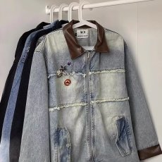 批发复古毛边牛仔外套男女宽松皮领翻领情侣学生开衫街头夹克