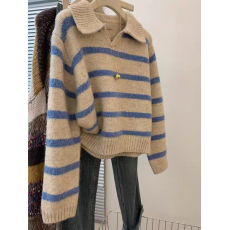 批发蓝条纹POLO领套头<b class='q'>毛衣</b>女装秋冬新款慵懒软糯设计感针织衫内搭外穿