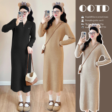 批发实拍#孕妇连衣裙<b class='q'>秋</b>装2025新款<b class='q'>秋</b>冬法式加厚刺绣翻领针织潮妈长裙